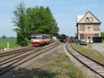 Parní vlak s lokomotivou 423.009 a motorový vůz 810.098 na nádraží v Bošicích